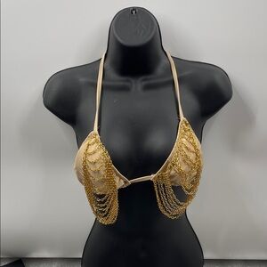 2.8.26 Goldtone Chain Embellished Tie Back Bikini Top (S)